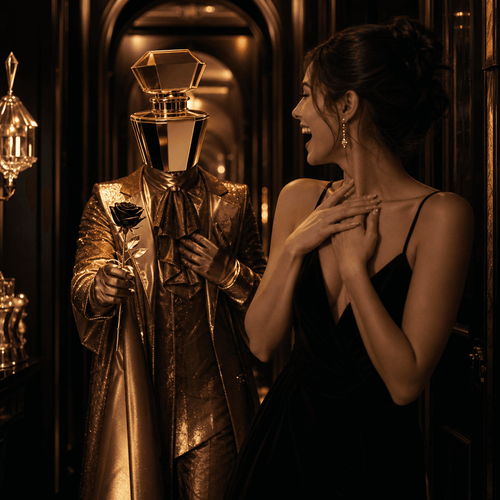 A romantic surprise scene with an abstract adult boyfriend wearing a theatrical costume inspired by a gold perfume bottl