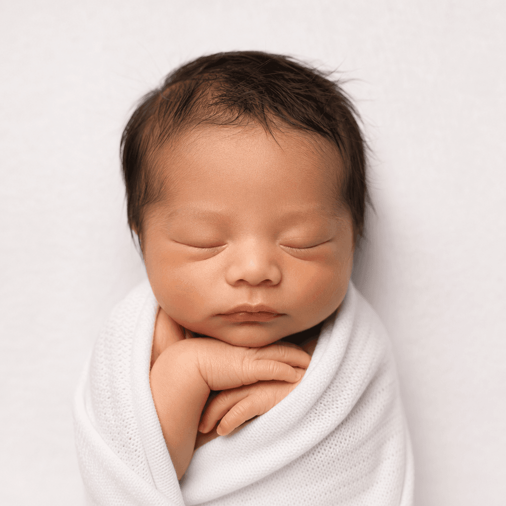 Newborn baby's first day professional studio portrait, soft diffused lighting, white backdrop, precious tiny details, wa