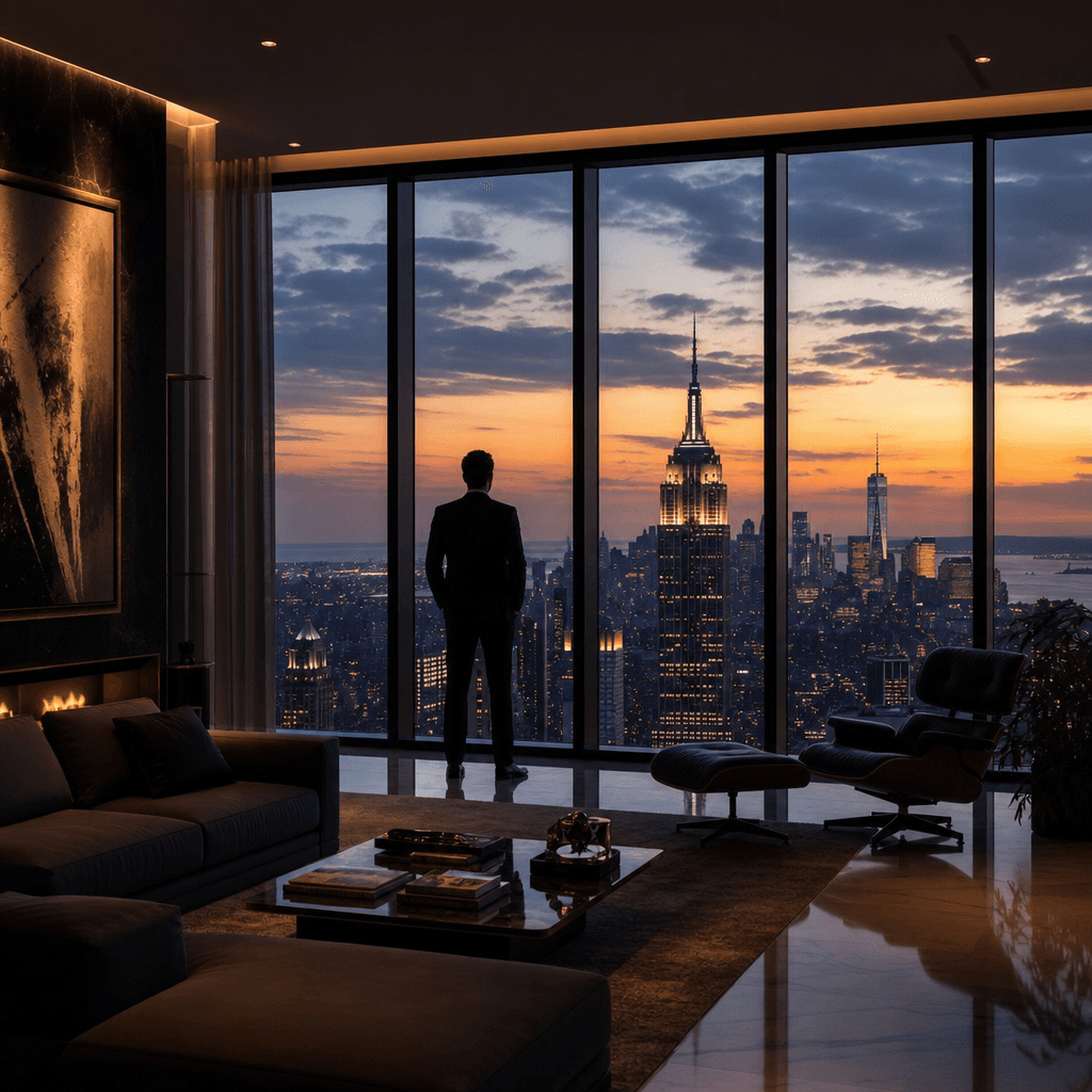 Penthouse view: silhouette of person against floor-to-ceiling windows overlooking city skyline, luxury urban living, dra