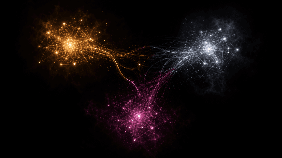 Abstract dark field with three distinct luminous geometric clusters arranged in a loose triangular composition against n