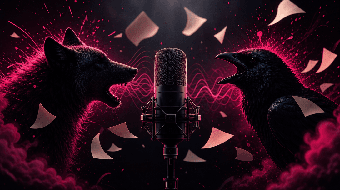 A podcast microphone centered between expressive animal silhouettes, surrounded by visual symbols of conversation such a