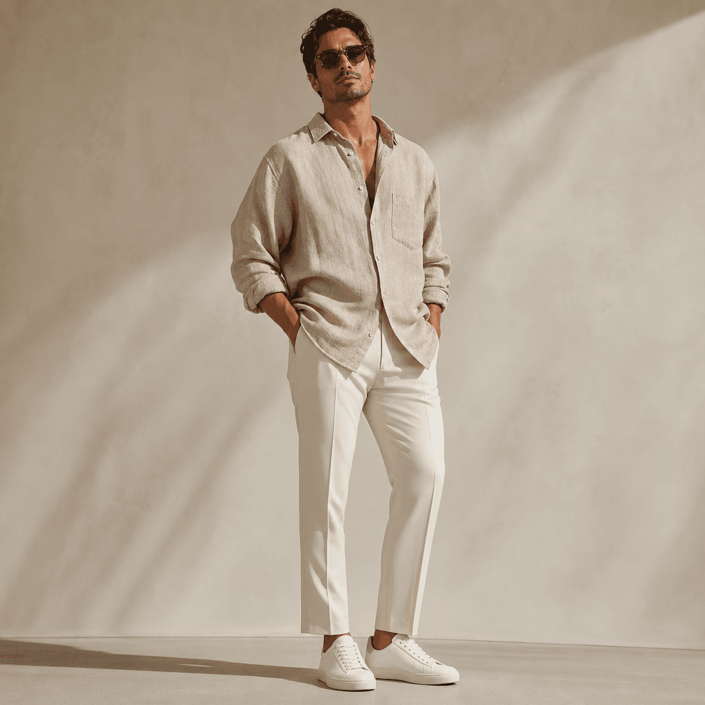 Casual luxury streetwear: oversized linen shirt with fitted trousers and minimalist sneakers, relaxed confident stance i