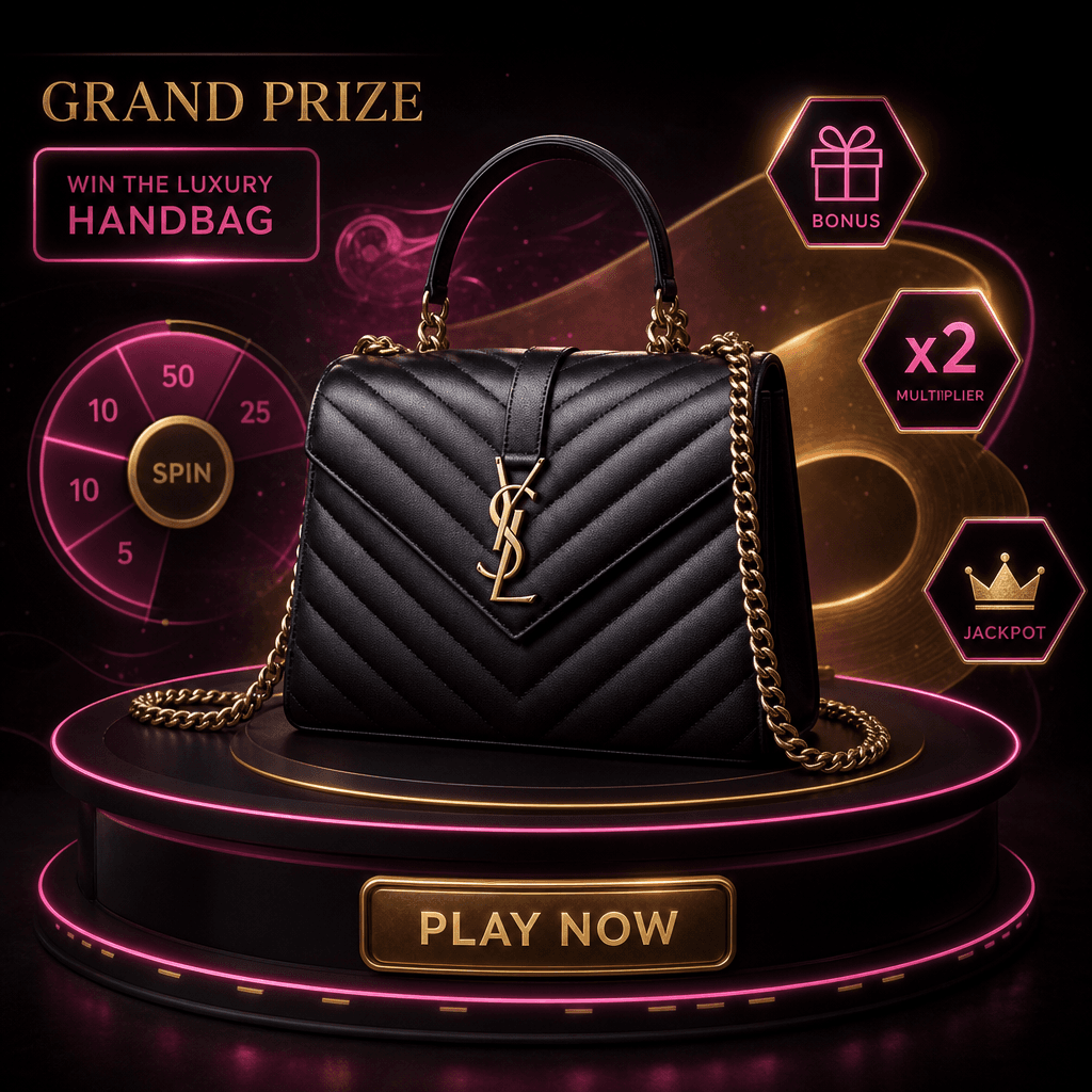 Luxury handbag as game prize focal point, cinematic dramatic lighting, dark background, abstract glowing shapes in hot p