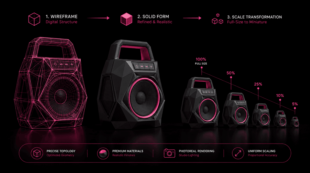 3D digital rendering showing product scaling transformation from full-size to miniature, geometric wireframe to solid fo