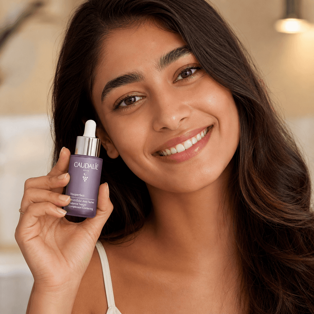 A person demonstrating a beauty or skincare product through natural hand gesture and facial expression. Warm professiona
