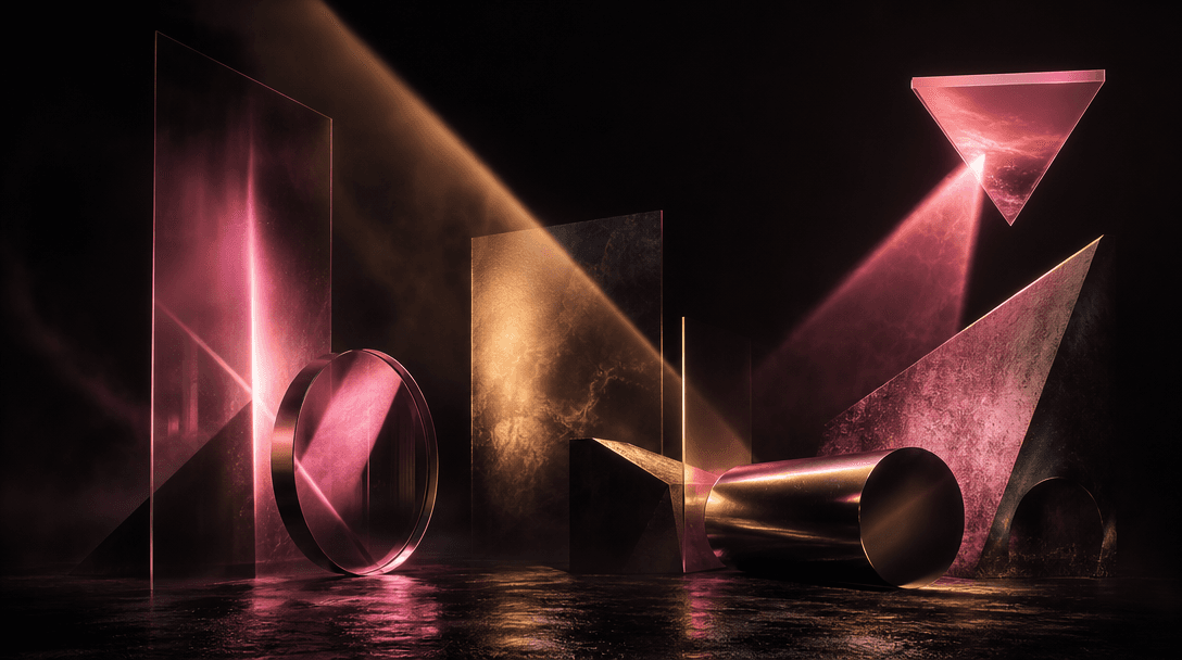 A cinematic array of sculptural light beams passing through translucent sheets and reflecting from polished metal, sugge