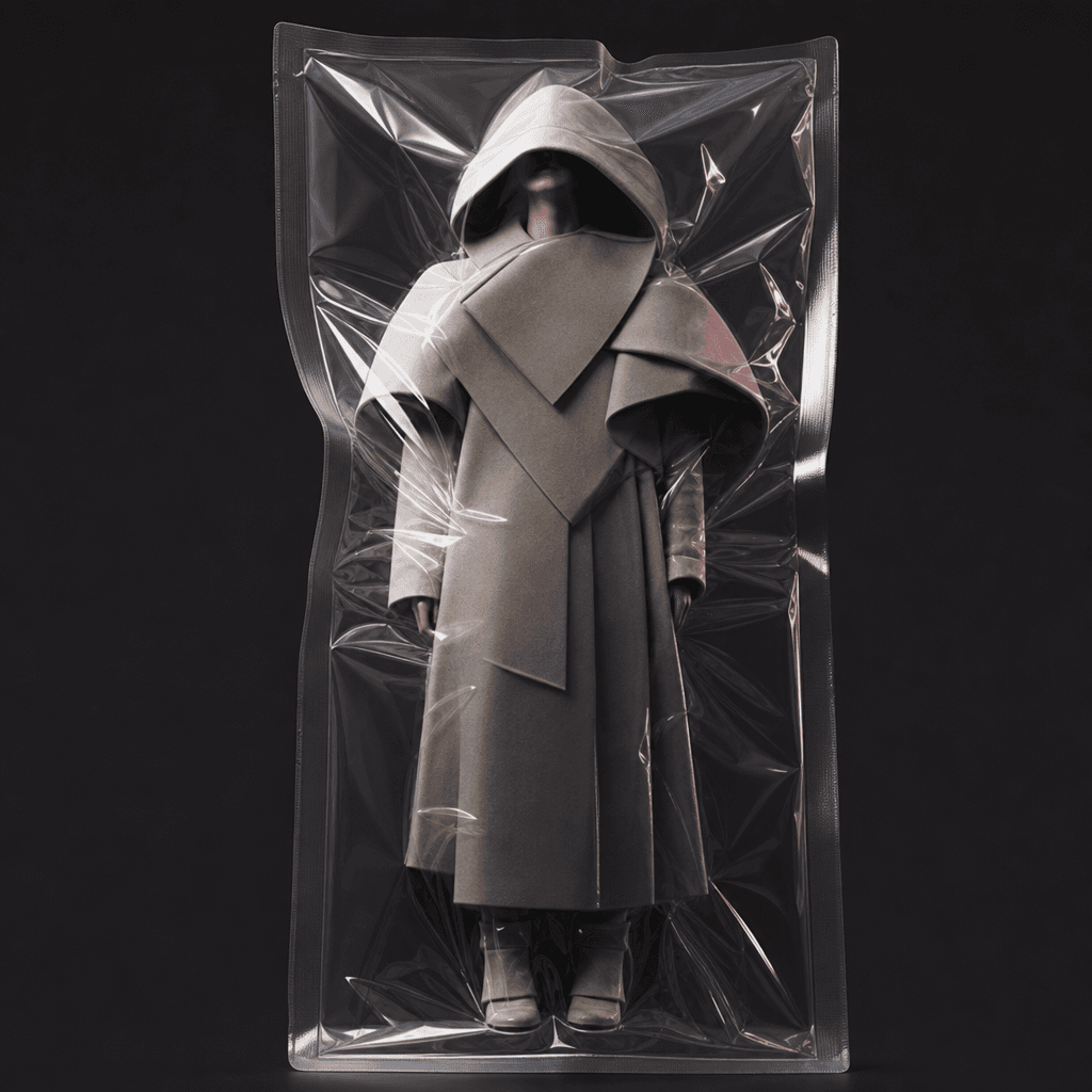 An anonymous avant-garde model wearing sculptural neutral clothing inside a pristine vacuum-sealed display package. The 