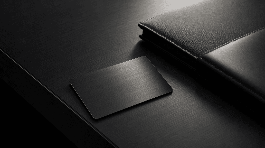 Close-up of a refined dark desk surface with clean sharp edges — brushed matte black texture. A premium hotel room key c
