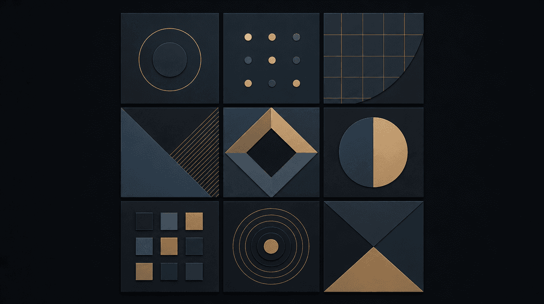Abstract nine-fold geometric grid visualization. Nine equal squares with subtle variations, symmetrical balance, clean l