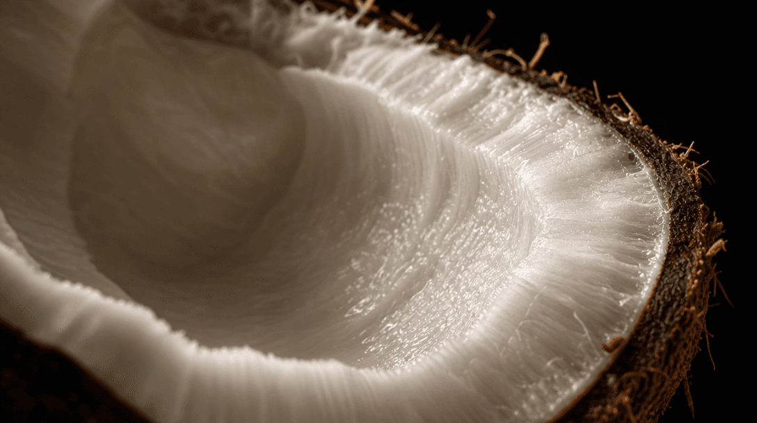 Extreme macro close-up of the interior of a fresh coconut half — dense white fibrous flesh, glistening with natural mois