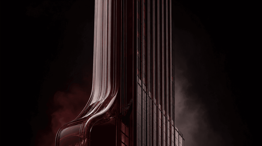 Abstract architectural study of deep burgundy bottle glass merging into a precise skyscraper facade, sharp vertical ribs