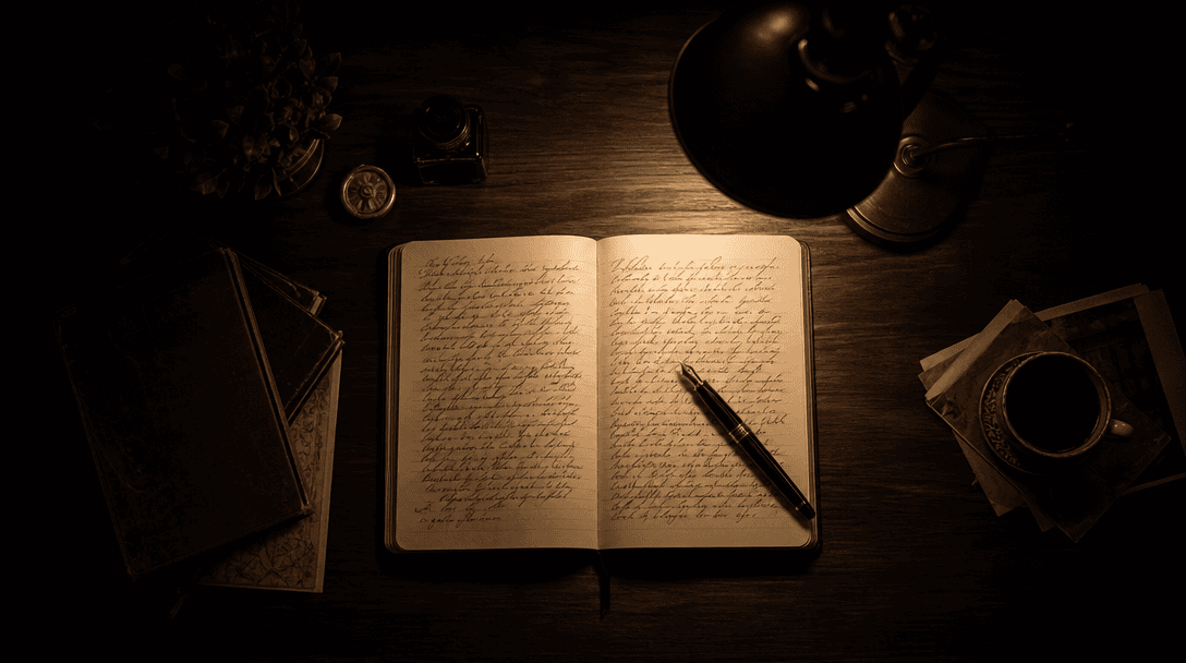 Open notebook with handwritten script lines on a dark walnut desk, single dramatic overhead lamp casting a warm pool of 