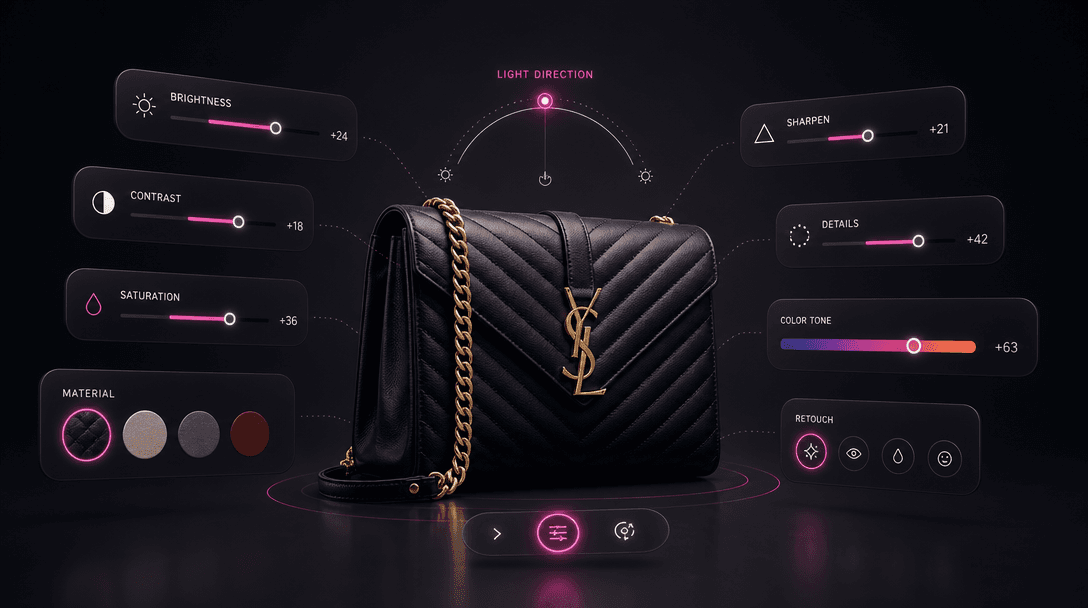 Floating customization controls above luxury product image — abstract parameter sliders and adjustment indicators materi