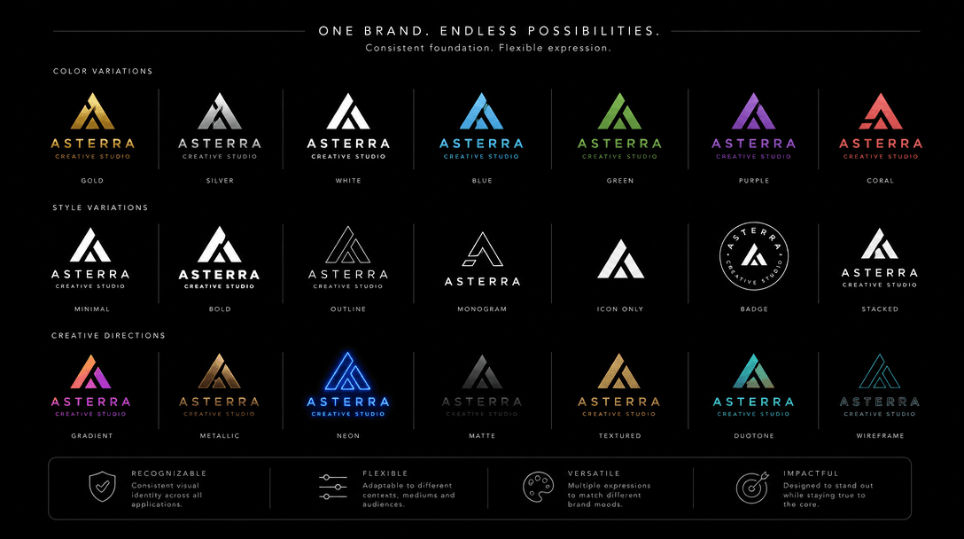 Multiple versions of brand logo in different color variants and styles, arranged to show customization possibilities, br