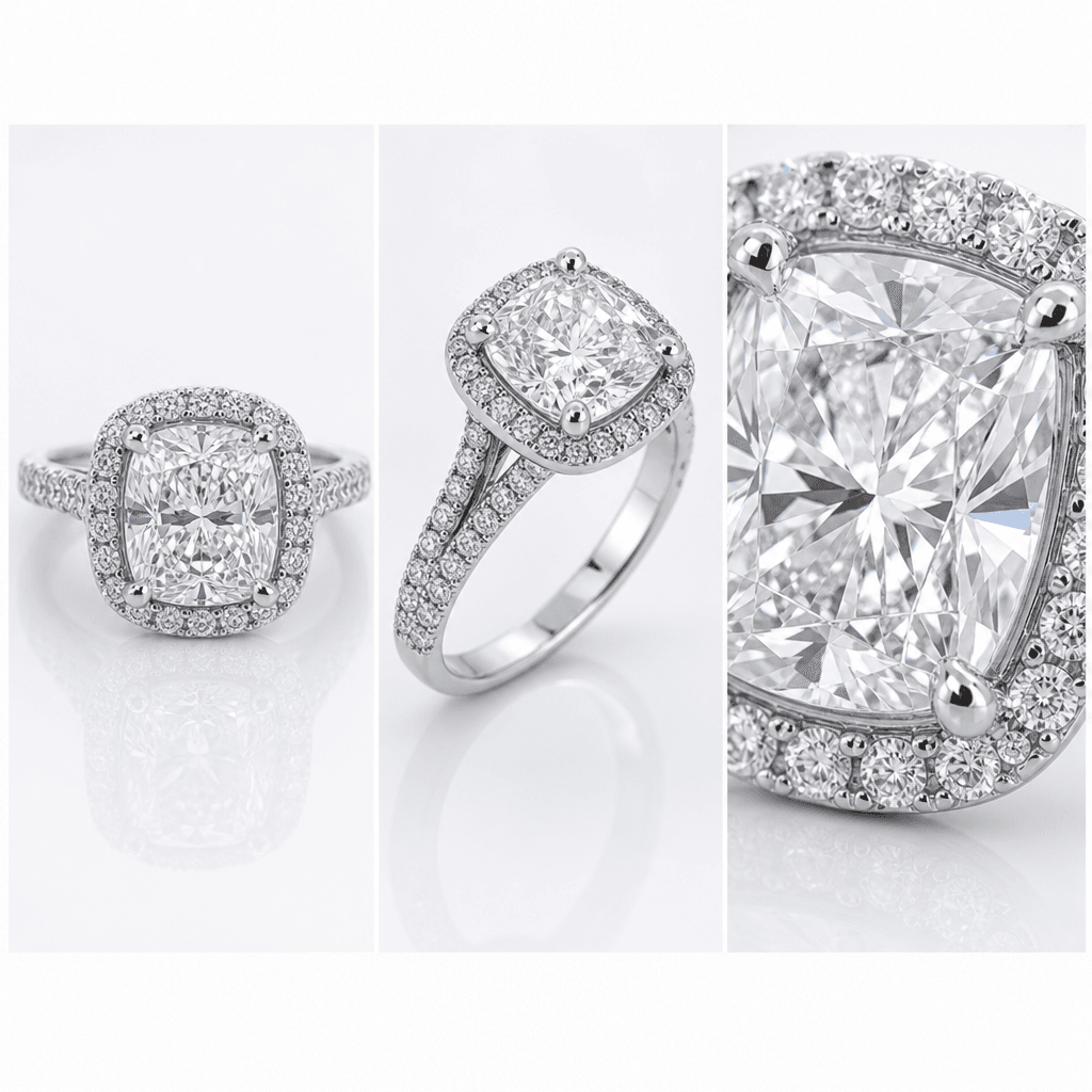 Luxury engagement ring triptych: front center setting, side 45-degree profile, close-up diamond detail, three frames arr