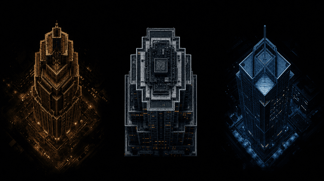 Three aerial building silhouettes arranged side by side against a deep dark background near black, each rendered in a su