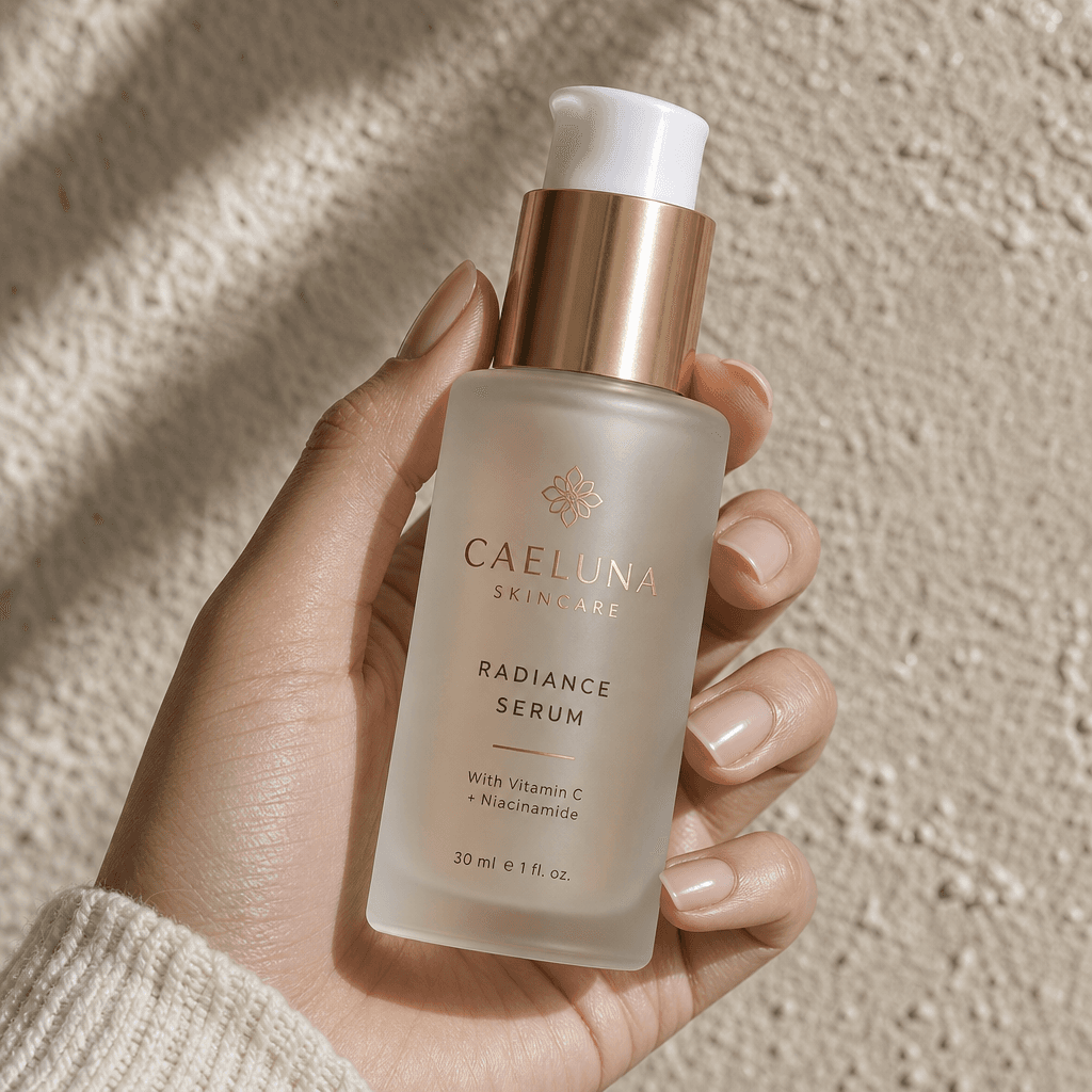 Create a close-up shot of a beauty product held in a hand against a textured background, emphasizing the product's detai