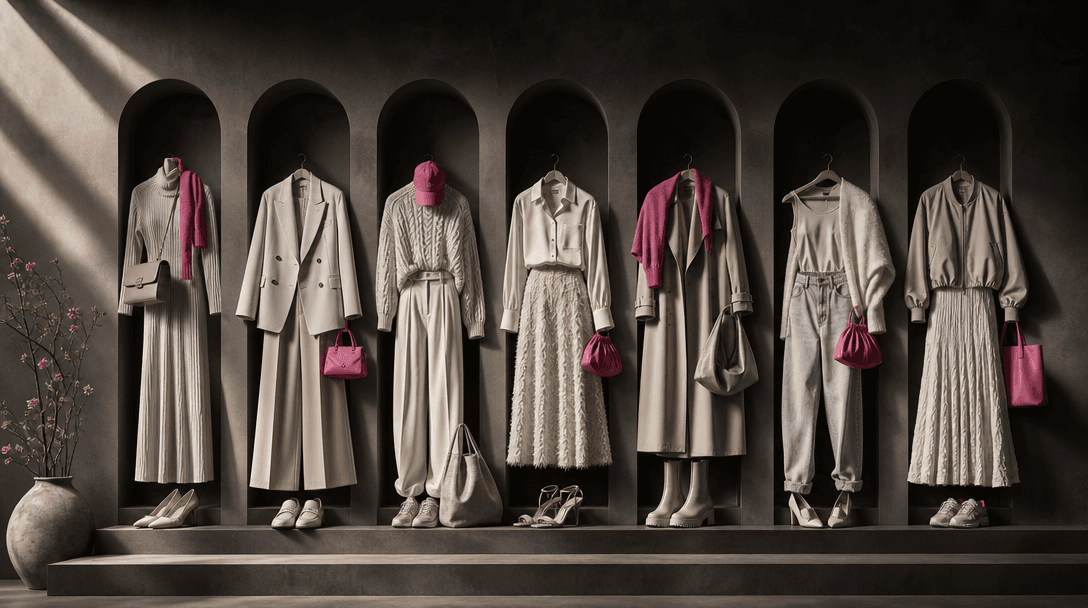 Seven coordinated outfit silhouettes represented by garments and accessories arranged rhythmically across a dark archite