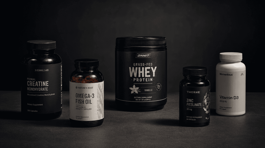 Five supplement product bottles arranged in a loose editorial sequence on a dark matte surface, each catching a differen