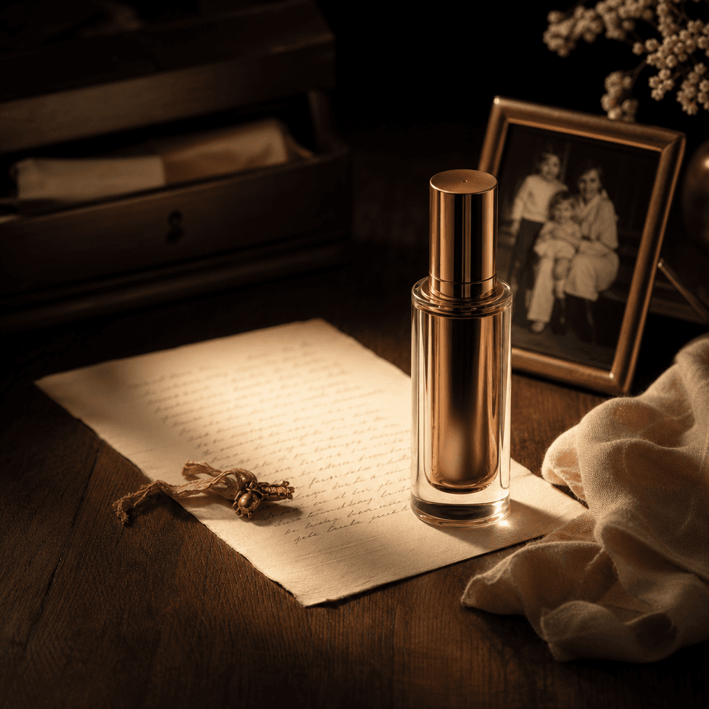 A premium skincare bottle beside a handwritten personal letter, childhood keepsake, and small framed family photograph o