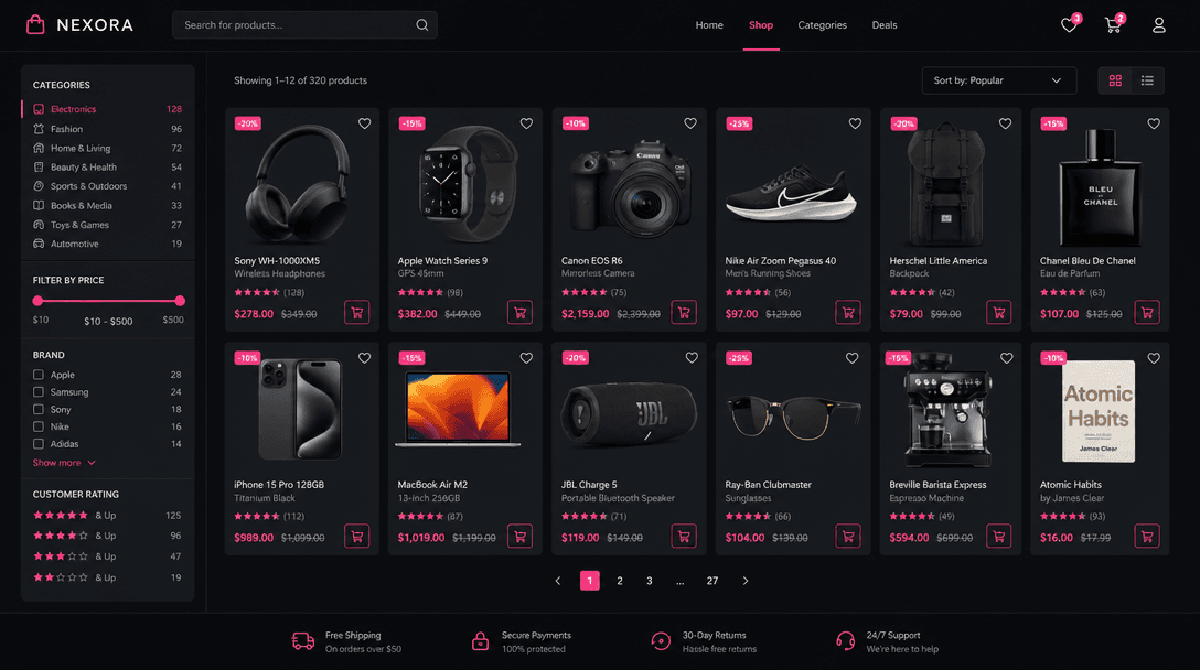 E-commerce product marketplace grid abstraction. Multiple product thumbnails arranged in professional grid layout. Clean