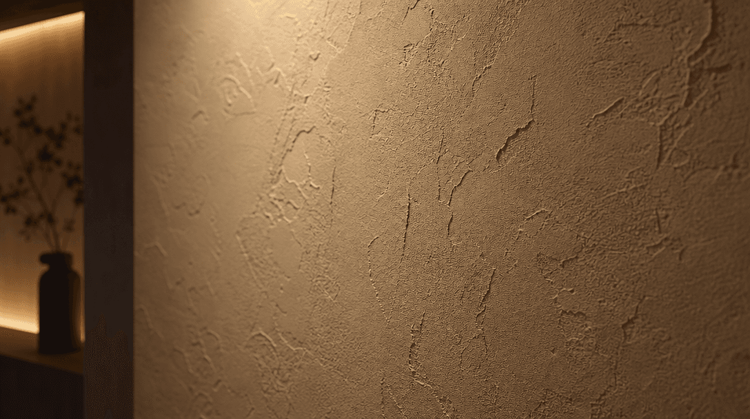 Textured wall surface with warm ambient lighting. Close-up of quality material. Soft shadows and depth. Premium interior