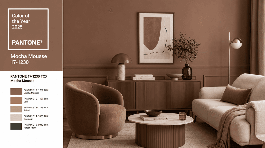 Interior design photograph showing Pantone color card display with matching room elements, official color palette refere