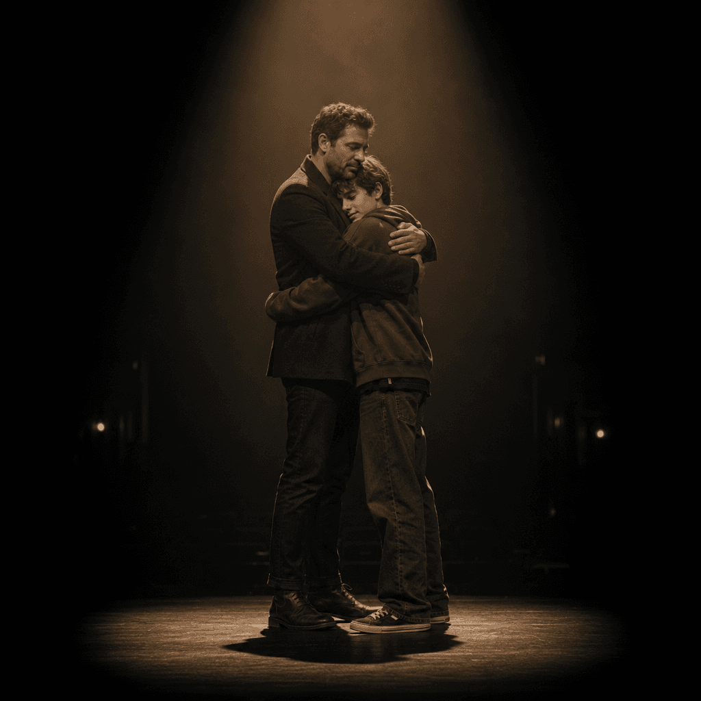 A mature adult embracing their teenage self on an empty theater stage, single warm spotlight surrounded by darkness, cin