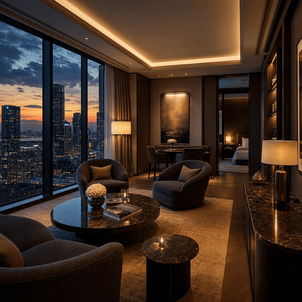 Luxury hotel suite sitting area with floor-to-ceiling windows revealing a city skyline at dusk. Deep charcoal and warm a