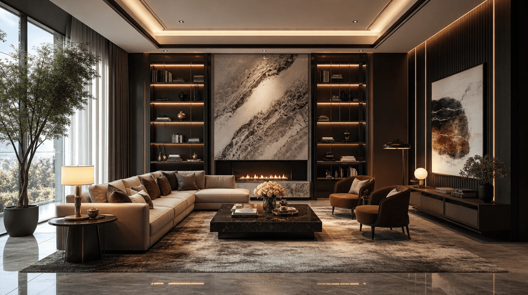 Luxury interior room visualization with sophisticated color coordination, professional styling, quality furnishings, acc