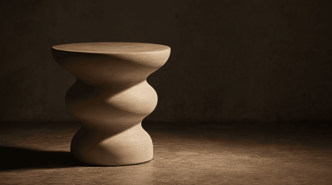 Cinematic product staging scene: a singular sculptural ceramic side table photographed alone in a dark studio, direction