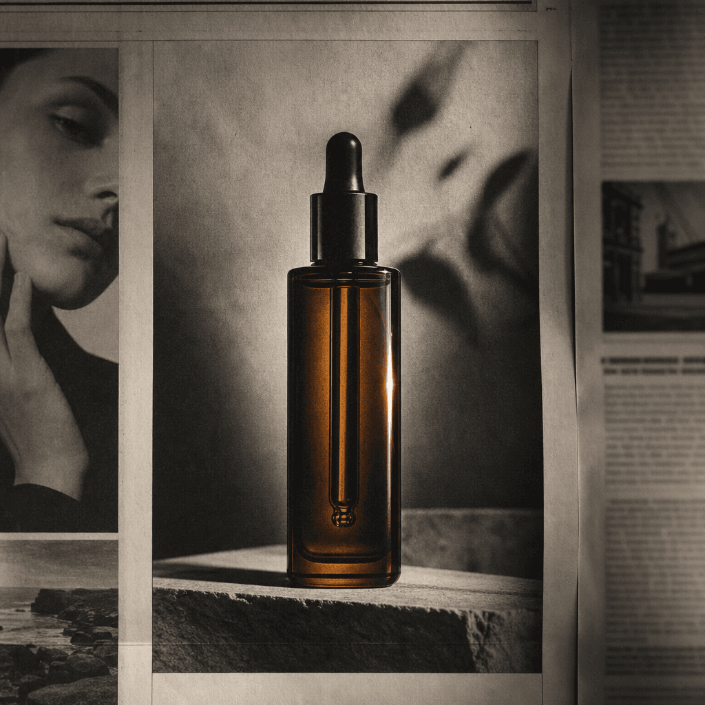 A tall amber glass skincare serum bottle set within a classic broadsheet newspaper ad composition. Black-and-white edito