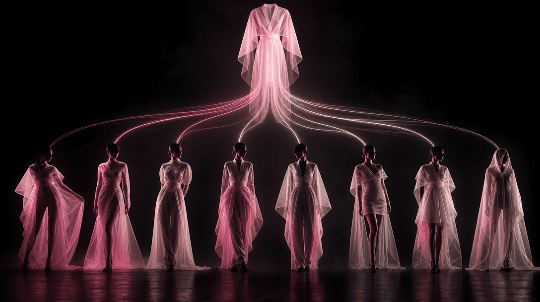 A sequence of distinct fashion silhouettes formed by layered translucent fabric and controlled light trails, all origina