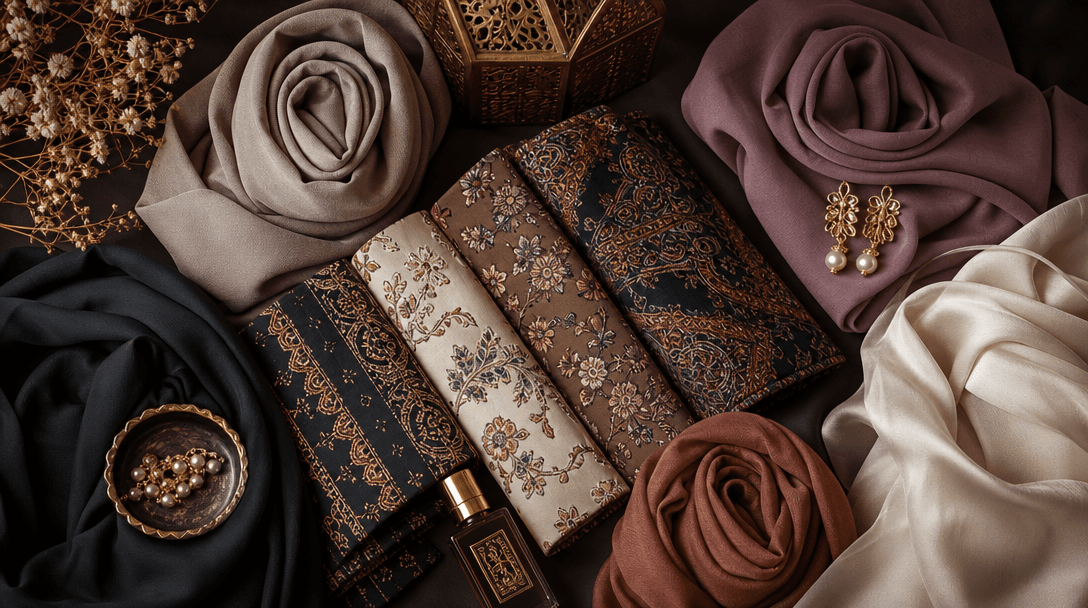 Artistic arrangement of modest fashion elements - folded hijabs, fabric patterns with cultural motifs, luxurious texture