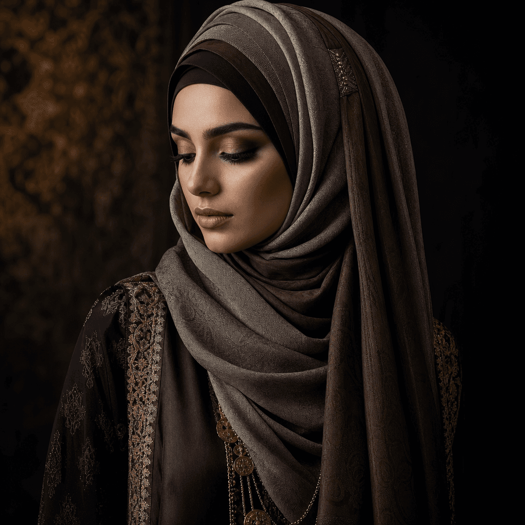 Artistic portrait showing layered modest fashion details - hijab fold patterns, textured fabric, metallic accents. Drama
