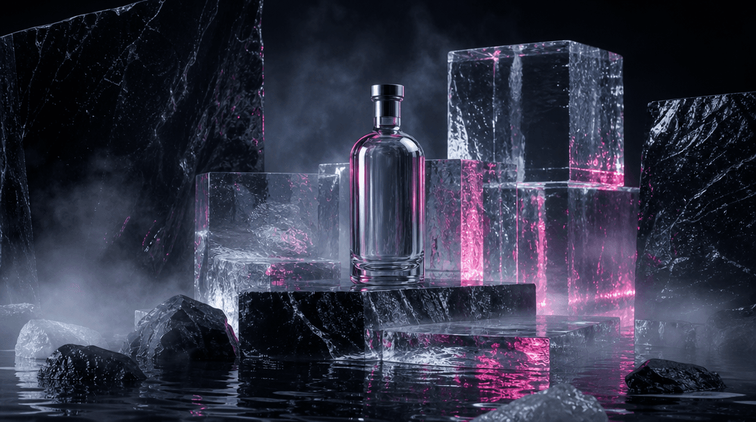 An abstract product-stage landscape constructed from transparent ice blocks, polished black stone, and shallow water, on