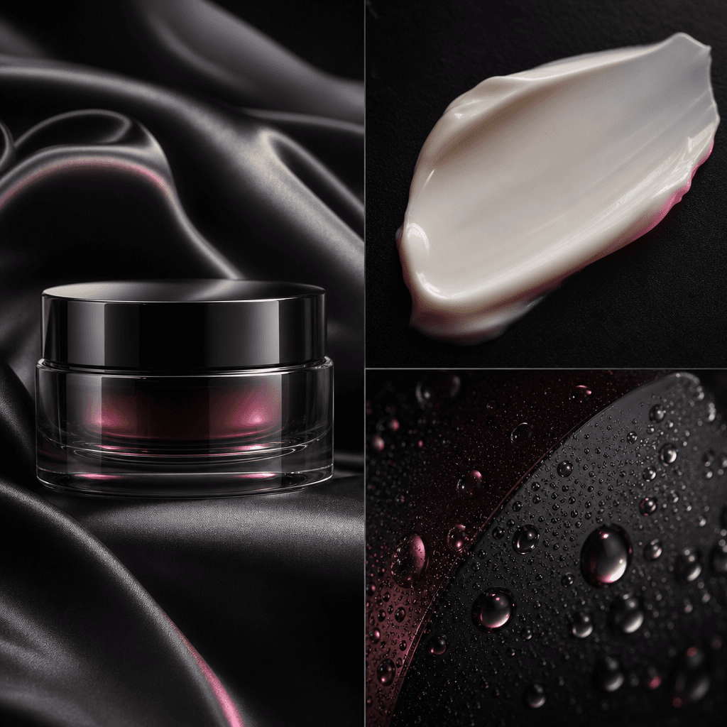 Luxury facial cream jar arranged in a square triptych-inspired composition with folded satin, a precise smear of cream, 