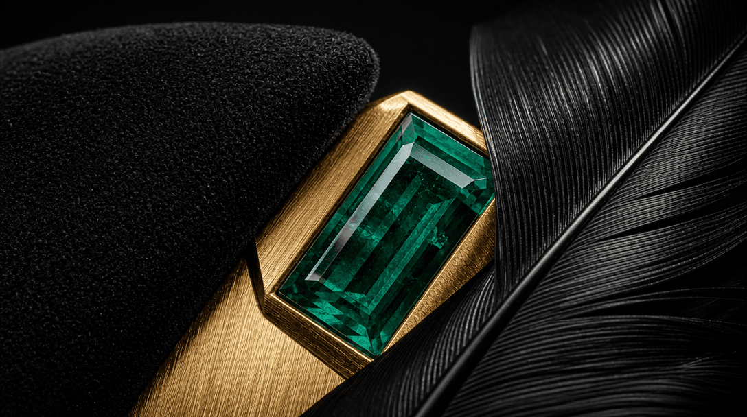 Extreme macro study of emerald facets, brushed gold, black velvet, and fine raven feathers intersecting in a sculptural 