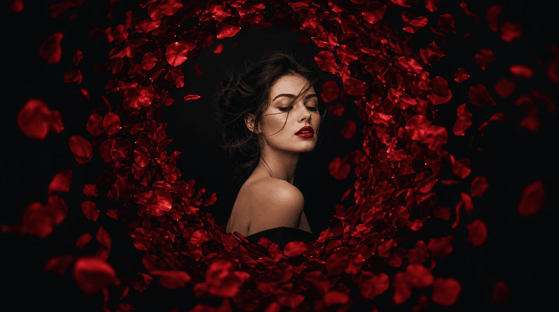 Red rose petals suspended in a controlled spiral through a near-black studio, each petal catching precise cinematic ligh