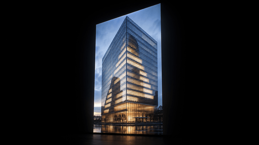A large-format photorealistic architectural render of a glass tower displayed as a luminous panel suspended against deep