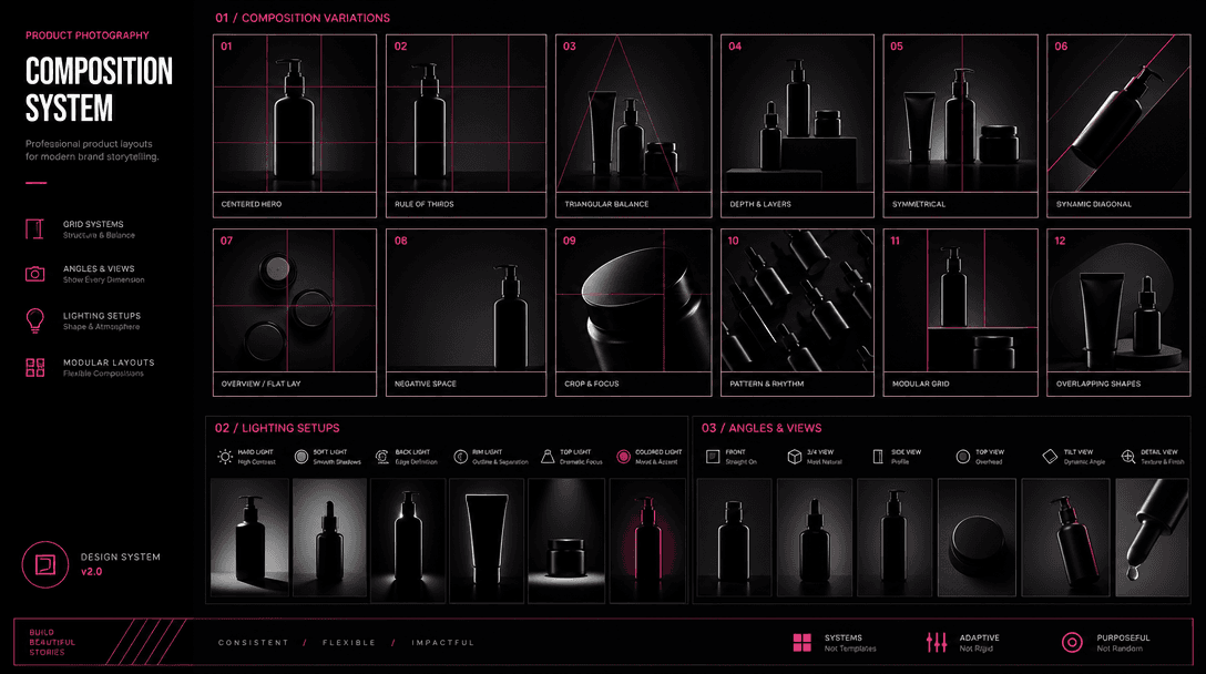 Abstract geometric grid showing multiple photography arrangement variations. Product silhouettes shifting through differ