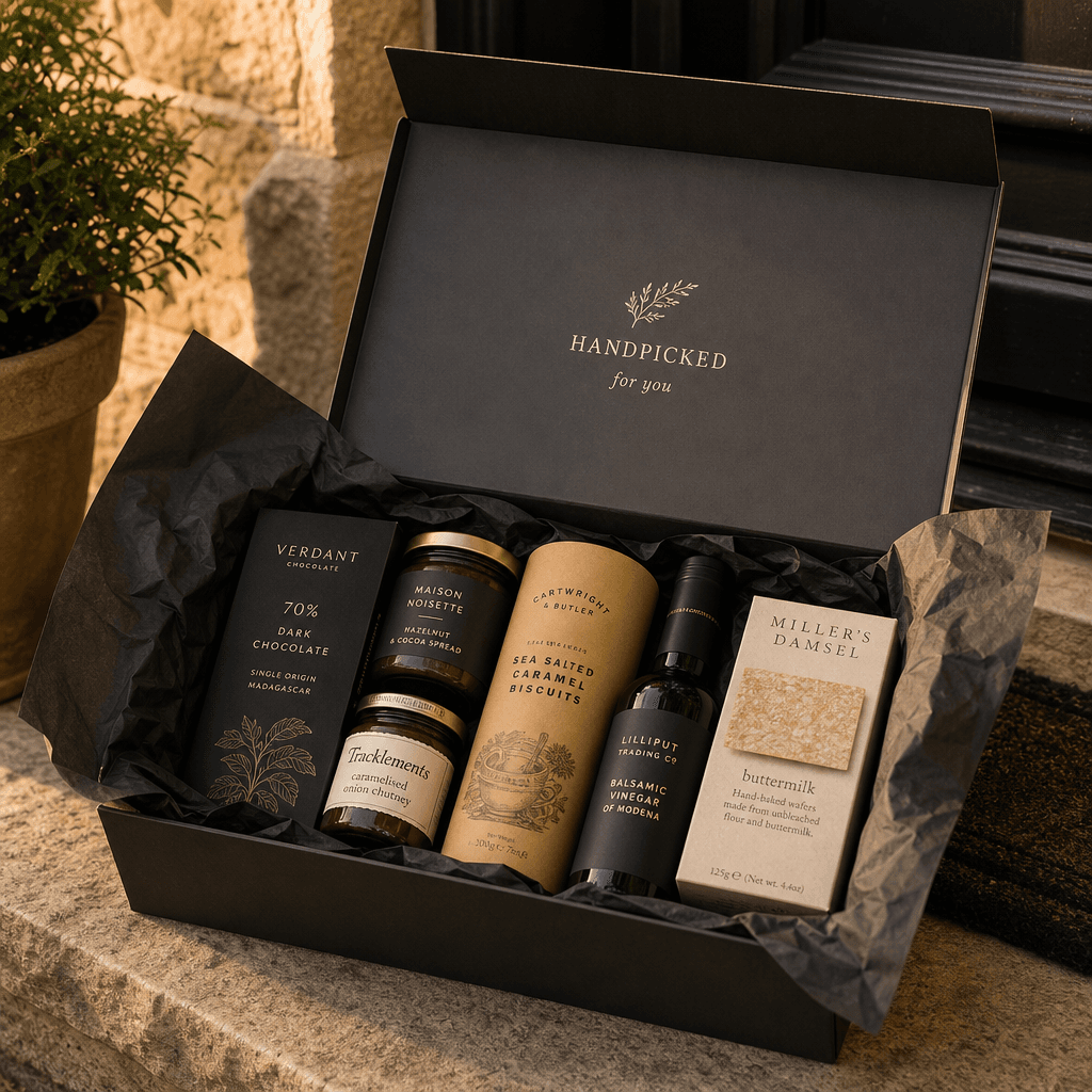 Lifestyle doorstep delivery composition: a premium gourmet food gift box opened on a textured stone doorstep, dark kraft