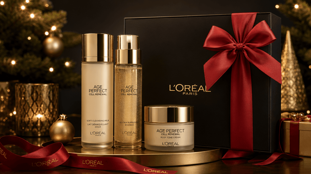 Beauty product display with festive red ribbon and bow, decorated in gift-presentation style. Warm gold-tinged lighting,