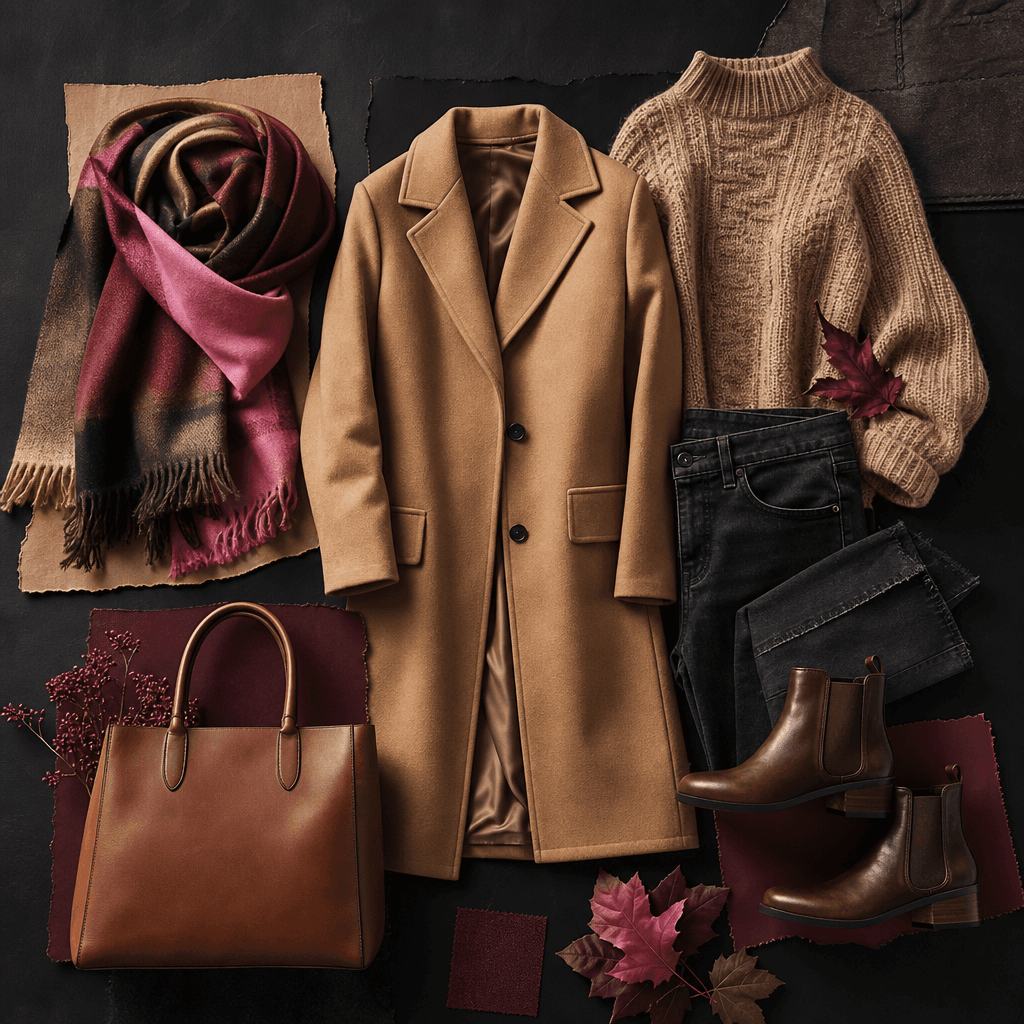 Warm autumn fashion board with a camel coat, knitted sweater, dark denim, leather boots, scarf, and structured tote isol