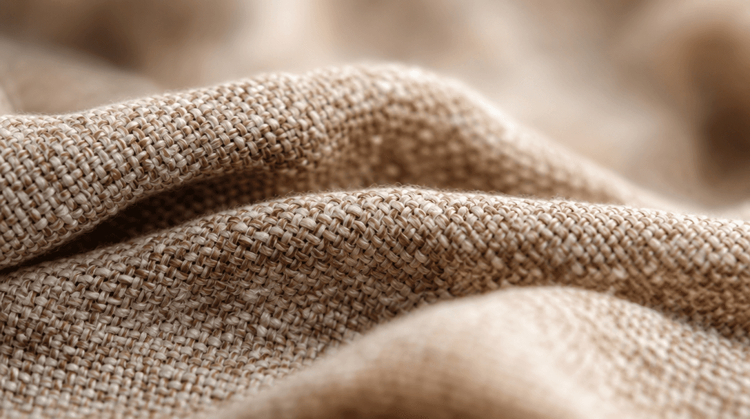 Abstract close-up of woven fabric or textile surface with soft directional lighting, bokeh background, warm neutral tone