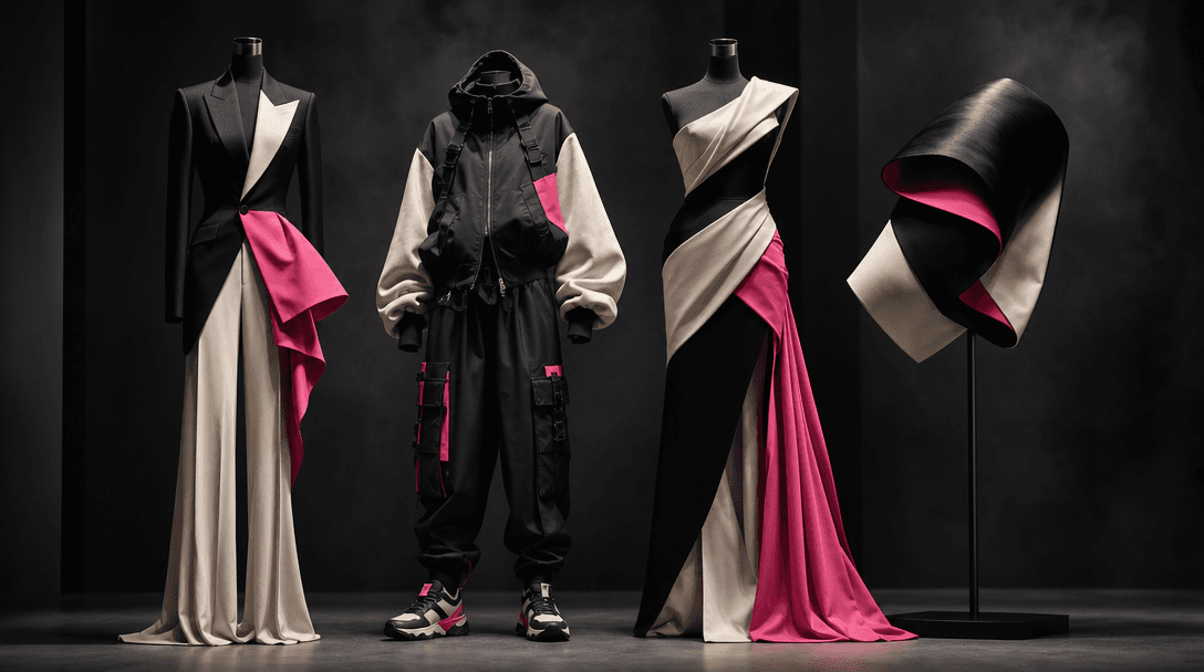 Four coordinated fashion silhouettes represented by sculptural garments on minimal forms, each sharing the same black, c