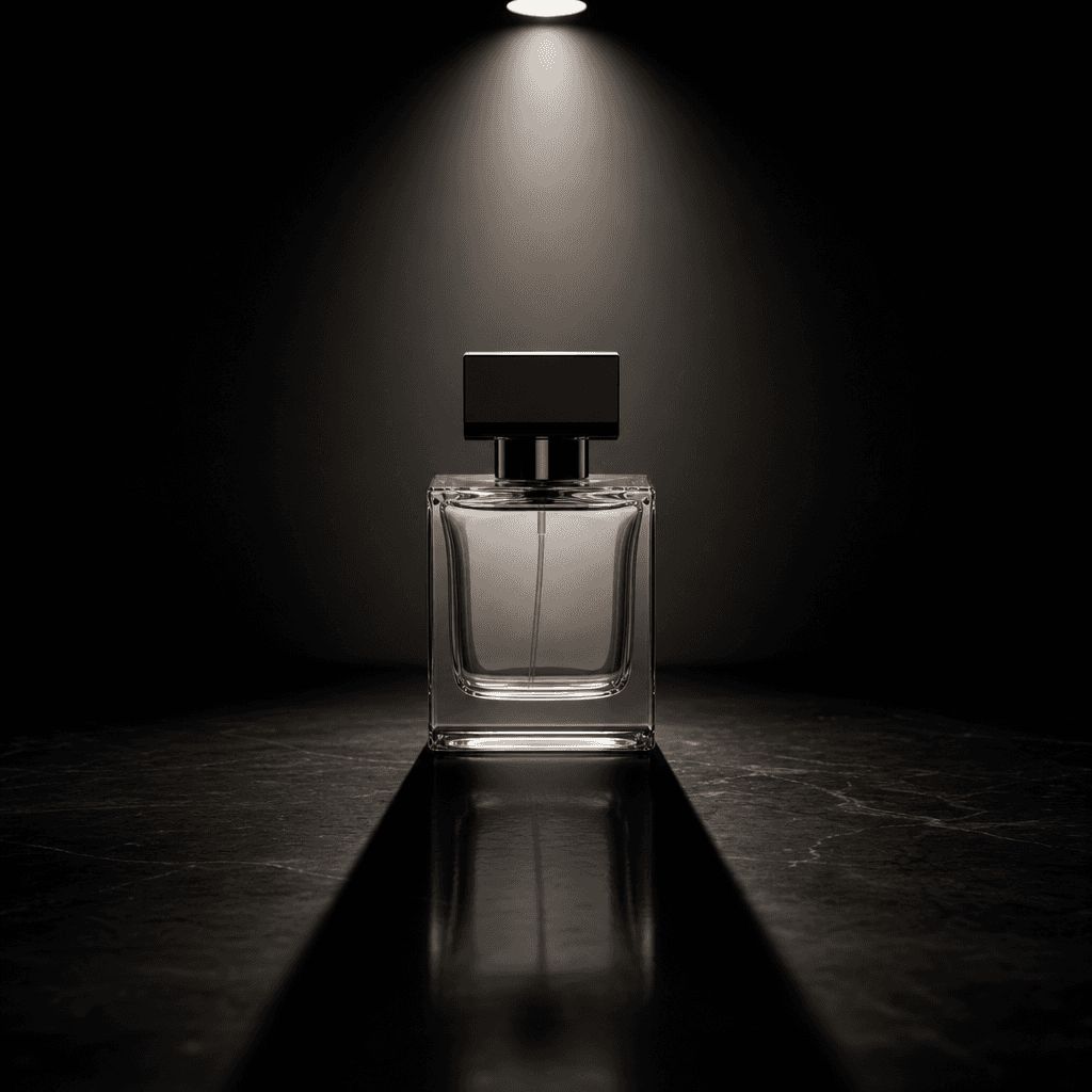 Square editorial product shot: a minimalist glass perfume bottle centered against a near-black background, single dramat