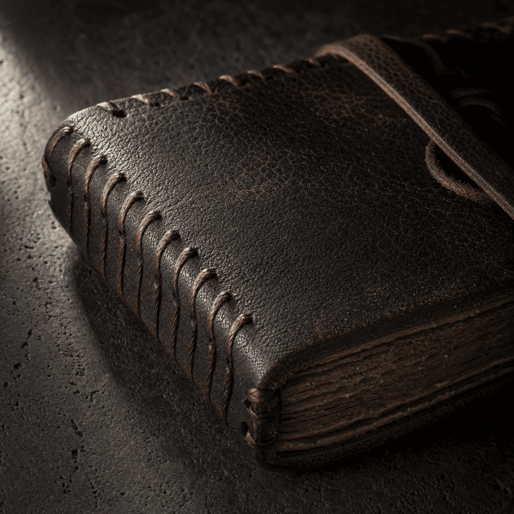 Close-up macro shot of a hand-stitched dark leather-bound journal resting on textured dark concrete, single warm sidelig