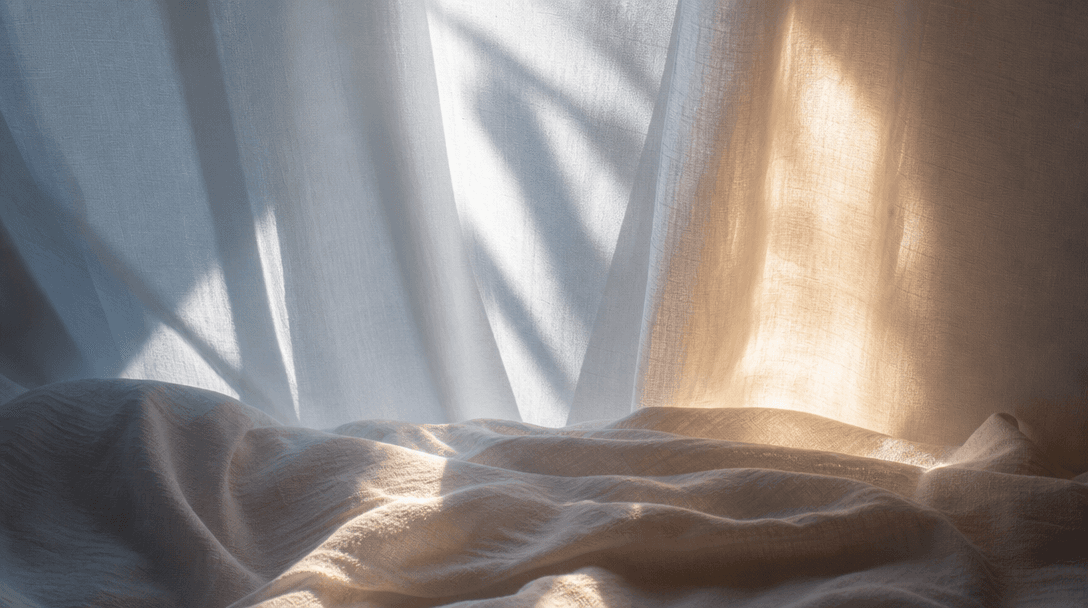 Abstract light study: soft morning sunlight streaming through sheer fabric, warm and cool light mixing, gentle shadows o