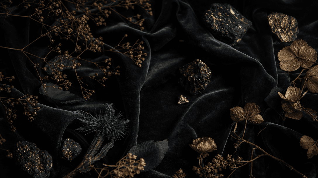Dark editorial luxury scene: deep charcoal velvet fabric with soft natural light creating gentle folds and shadows, scat